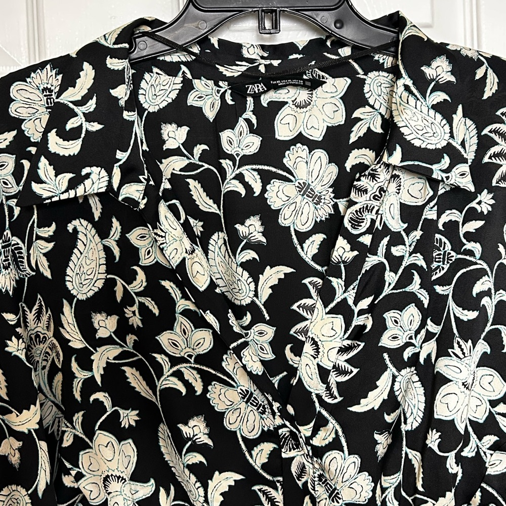 ZARA Floral Satin Effect Long Sleeve Shirt Dress Black White Size XL Fall Style - Picture 12 of 16